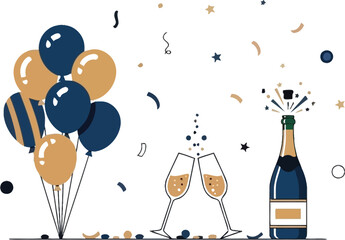 Minimalist illustration depicts a celebratory scene featuring gold and navy blue balloons, clinking champagne flutes, and an open bottle surrounded by festive confetti.