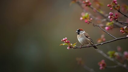 Fototapeta premium A small bird resting on a flowering apple tree branch during springtime, highlighting urban wildlife