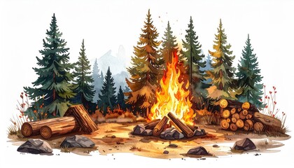 Campfire burning brightly amidst evergreen trees and fallen logs in a forest setting at dusk