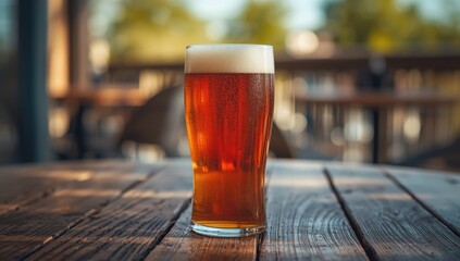 Pint glass of Amber Ale beer with frothy head, suitable for layout backgrounds in hospitality venues, International Beer Day