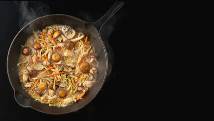 Baked chicken and mushroom julienne with cheese presented as a clean recipe book cover image. Food and publishing category for cookbook design and home cooking content.