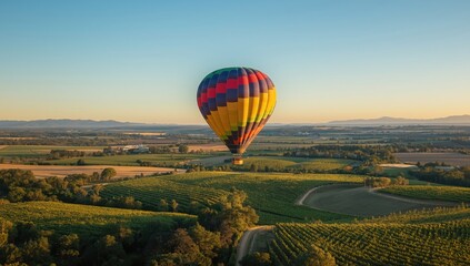 Aerial view of wine country from a hot air balloon, highlighting the scenic landscape and agricultural landscape