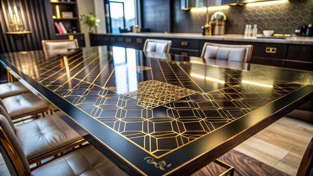 Luxurious dining room table featuring a striking geometric gold inlay design on a dark, reflective surface surrounded by plush seating and modern cabinetry