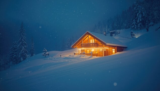 Chalet with glowing lights in a snowy landscape close to a ski area during evening hours, winter season