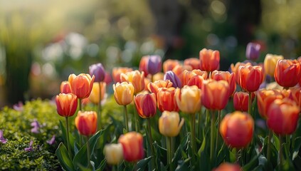 Colorful tulips in full bloom in a sunny garden setting, highlighting springtime flora
