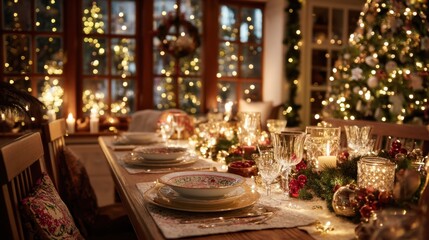 Fototapeta premium A beautifully decorated Christmas dinner table adorned with elegant dinnerware and festive decorations. Warm candlelight and twinkling lights create a cozy and inviting holiday atmosphere.