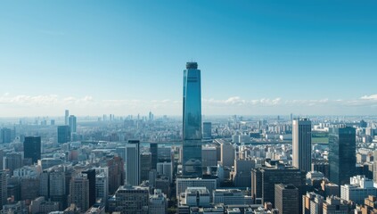Obraz premium Cityscape with high-rise buildings under clear sky, suitable for editorial header backgrounds, Earth Day
