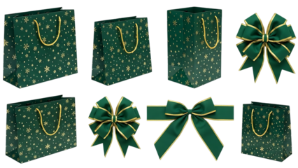 A collection of festive dark green gift bags with gold accents and decorative ribbons perfect for holiday gifting high quality