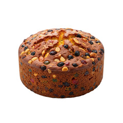 A round fruit cake with nuts and dried fruits on a white background.