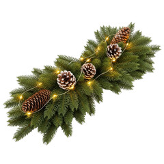 Christmas evergreen swag decorated with pine cones and warm glowing fairy lights for holiday decor isolated on transparent background