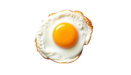Overhead shot of a fried egg with a bright yellow yolk and crispy white edges on black