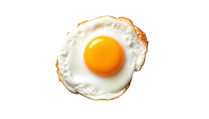 Overhead shot of a fried egg with a bright yellow yolk and crispy white edges on black