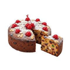 A round fruit cake with cherries and nuts on top, with a slice taken out, on a white background.