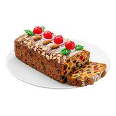 A slice of fruit cake with almonds, cherries, and green leaves on a white plate.