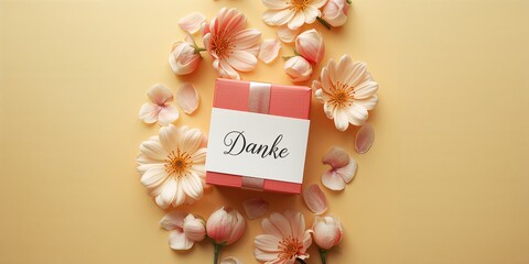 Colorful background featuring a gift box, thank you card, and eustoma flowers, ideal for gratitude expressions