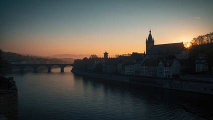 Fototapeta premium Old-town architecture lining the Alzette River in Luxembourg City at sunset, highlighting cityscape