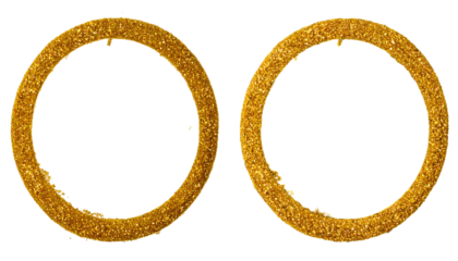 Two golden textured rings with small notches at the top, floating against a black background