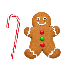 A gingerbread man cookie with candy canes on a white background.