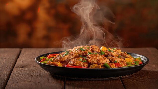 Fried chicken fillet served with bell peppers in a chicken fajita dish, highlighting cooking method