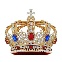Majestic Gold Crown with Christian Cross and Pearls Decorated with Rubies and Sapphires isolated on transparent background