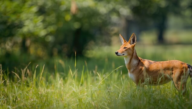 Wild dhole standing alert in forest environment focusing on species preservation