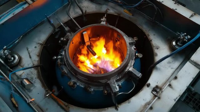 Medium shot of a pyrolysis reactor in a controlled environment breaking down plastic waste into fuel oil and combustible gases.