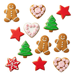 A variety of decorated gingerbread cookies, including gingerbread men, hearts, and stars, arranged on a white background.