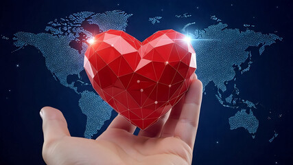 Hand holding glowing red digital heart over blurred world map with global network lines.