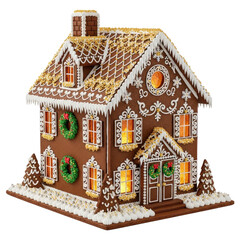 A gingerbread house with a roof adorned with gold and white icing, decorated with green and red wreaths and snowflakes, and a chimney on top.