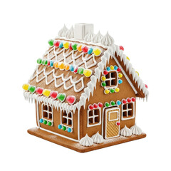 A gingerbread house with colorful decorations and a chimney on a white background.