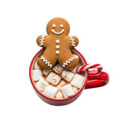 A gingerbread man cookie and marshmallows in a red mug on a white background.