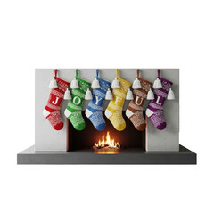 A colorful Christmas stocking hanging on a fireplace with the word 'JOYFUL' written on each sock.
