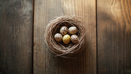 Nest of eggs on a wooden background, illustrating natural incubation, spring seasonal change