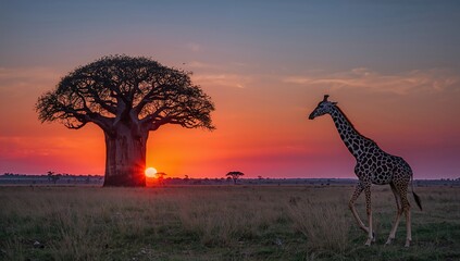 Evening scene with a giraffe and baobab tree in the African savannah, illustrating natural habitat