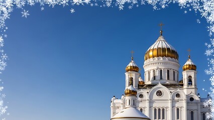White and gold domed church with blue sky and snowflakes domes golden 1
