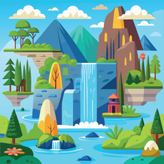 Fototapeta premium A colorful cartoon landscape with mountains, waterfalls, rivers, trees,