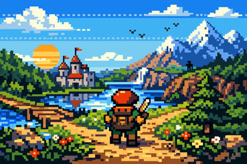 Adventurer exploring pixel art landscape with castle and mountains at sunrise