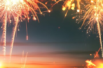 Happy new year celebration fireworks display over water at dusk