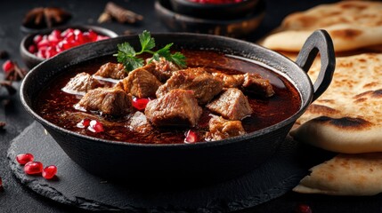 A bowl of meat cooked in sauce sits on a dark table. Pieces of flatbread and pomegranate seeds are arranged nearby. The food looks fresh and rich.