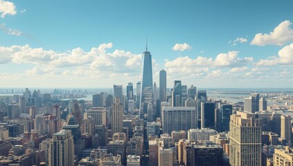 Fototapeta premium Horizontal scene of contemporary high-rise buildings and towers in a financial hub in summer, cityscape