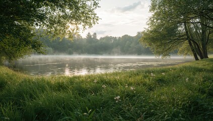Lakeside landscape with lush grass border functioning as a UI backdrop for outdoor activity content