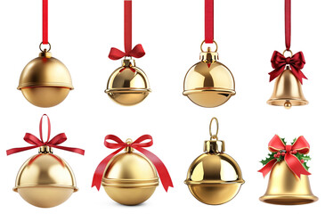Golden Christmas bells with red ribbons and bows.