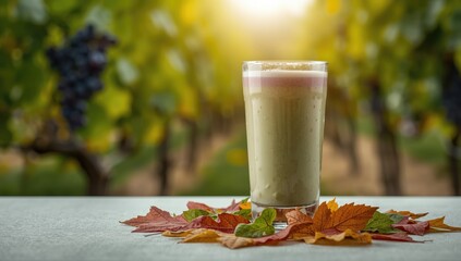 Fresh grape lassi in a lush outdoor environment with ripe grapes and foliage, emphasizing natural ingredients, World Food Day