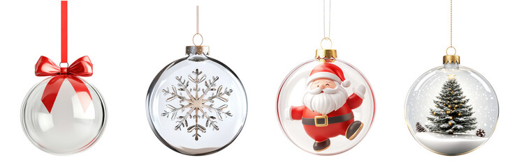 Four transparent Christmas ornaments with Santa Claus, snowflake, and tree designs.