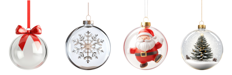 Four transparent Christmas ornaments with Santa Claus, snowflake, and tree designs.