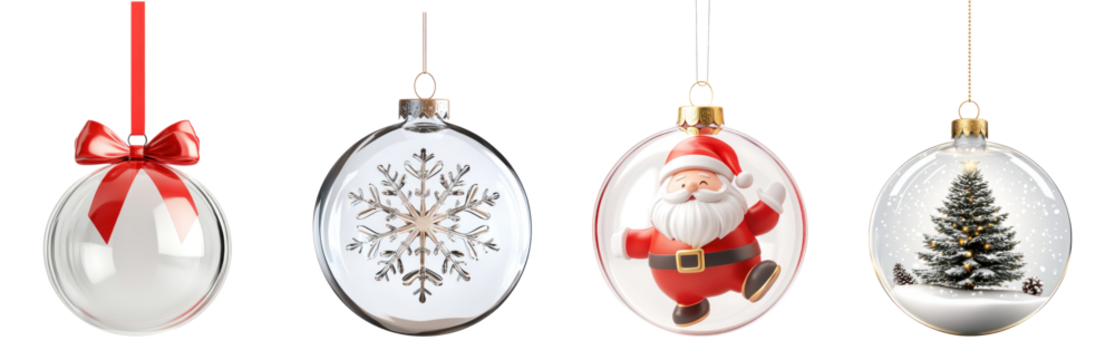 Four transparent Christmas ornaments with Santa Claus, snowflake, and tree designs. - Powered by Adobe