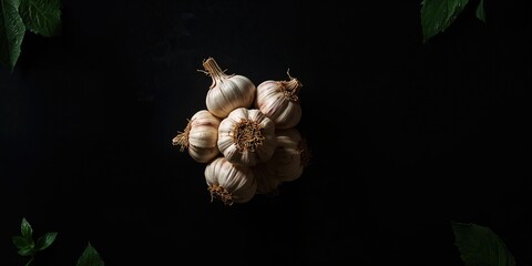 Close-up of garlic bulbs on a dark surface, suitable for ingredient identification or food styling, Garlic Awareness Day