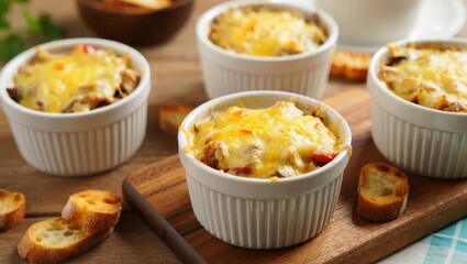 Baked chicken and mushroom julienne with cheese presented as a clean recipe book cover image. Food and publishing category for cookbook design and home cooking content.
