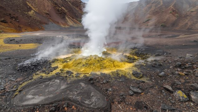 Active volcano emitting smoke with yellow sulfur deposits and desolate rocky landscape, highlighting natural geological processes