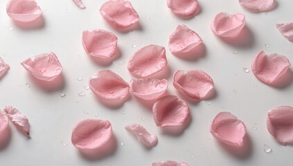 Rose petals scattered on a white surface serving as a decorative setting for floral displays, floral decor background, Earth Day